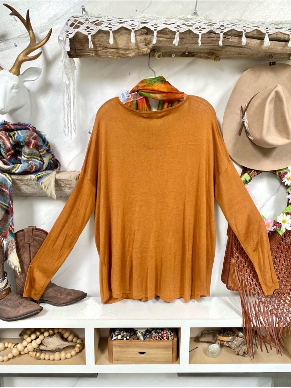 Fall rustic Copper knit boho sweater shabby chic cottagecore prairie vibe - Picture 11 of 11